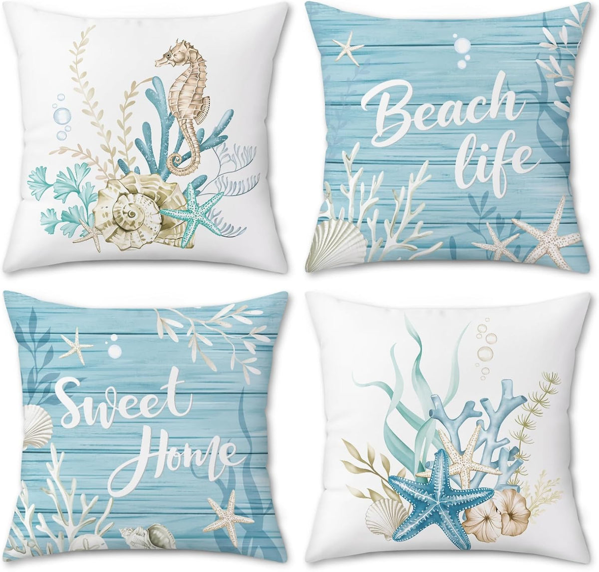 Lot de quatre housses de coussin en velours à motifs marins