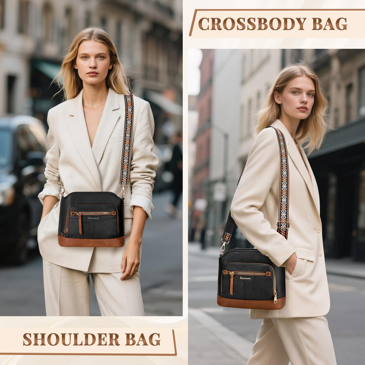 Sac bandoulière cuir PU tressé vintage Rainsmore — 21 poches, 3 ports, 4 coloris