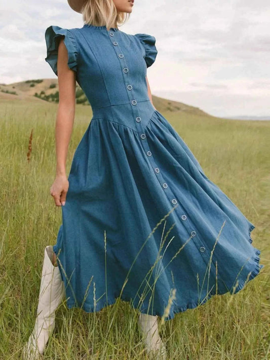 Robe en denim à manches courtes volantées