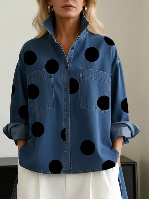 Chemise oversize à pois style denim bleu marine — grande taille, S à XXXL
