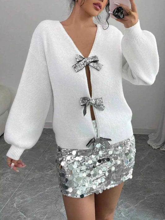 Cardigan en maille à épaules tombées et noeud décoratif
