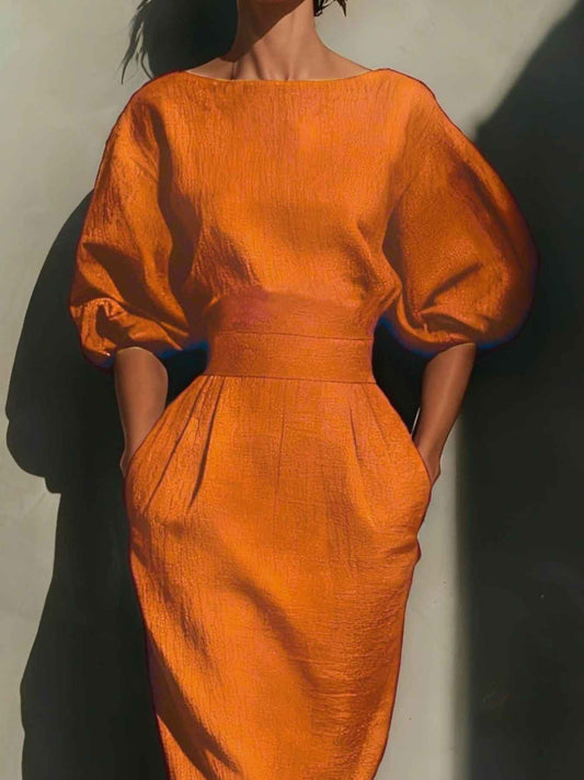 Robe midi col rond à manches bouffantes