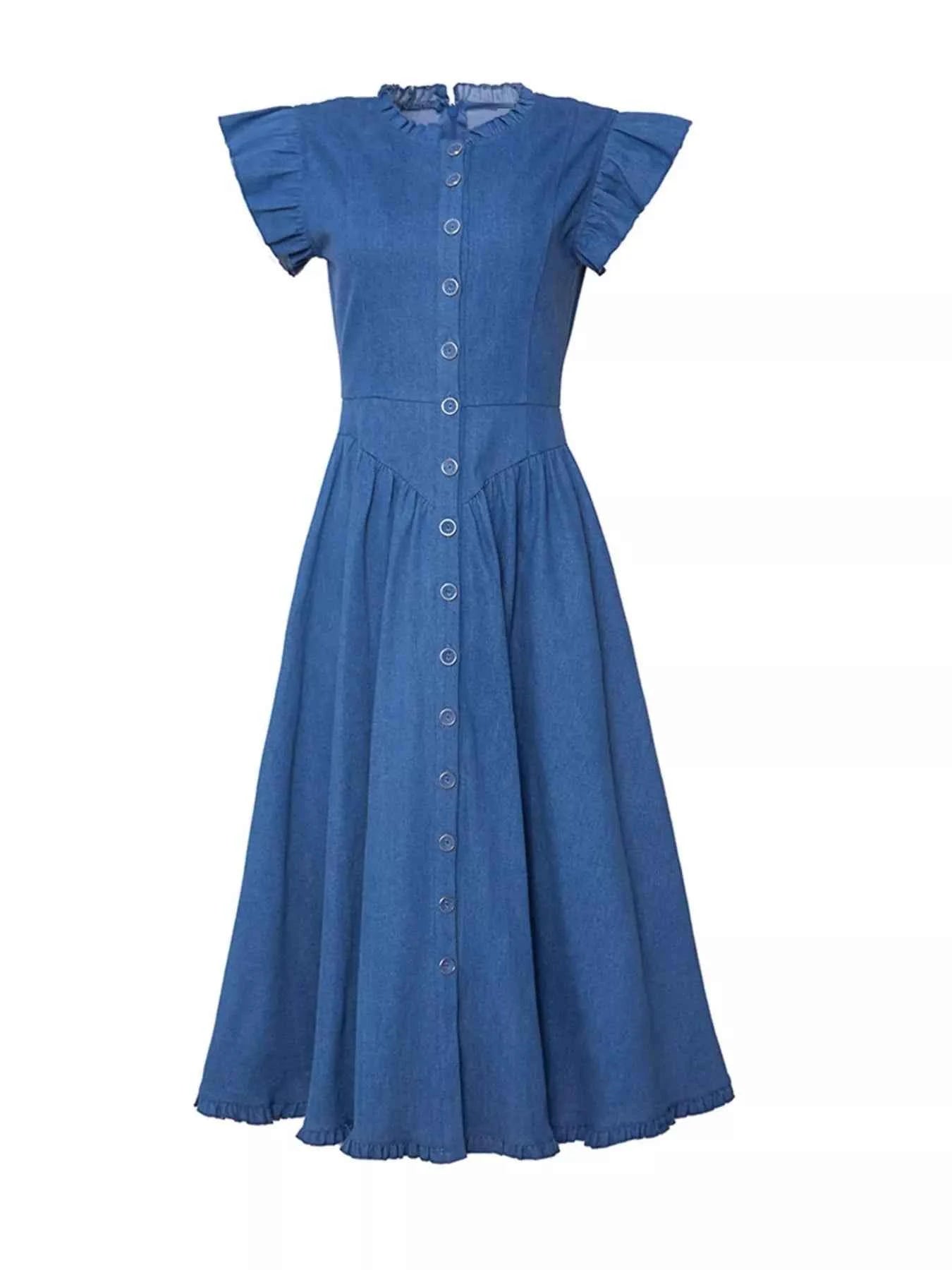 Robe en denim à manches courtes volantées
