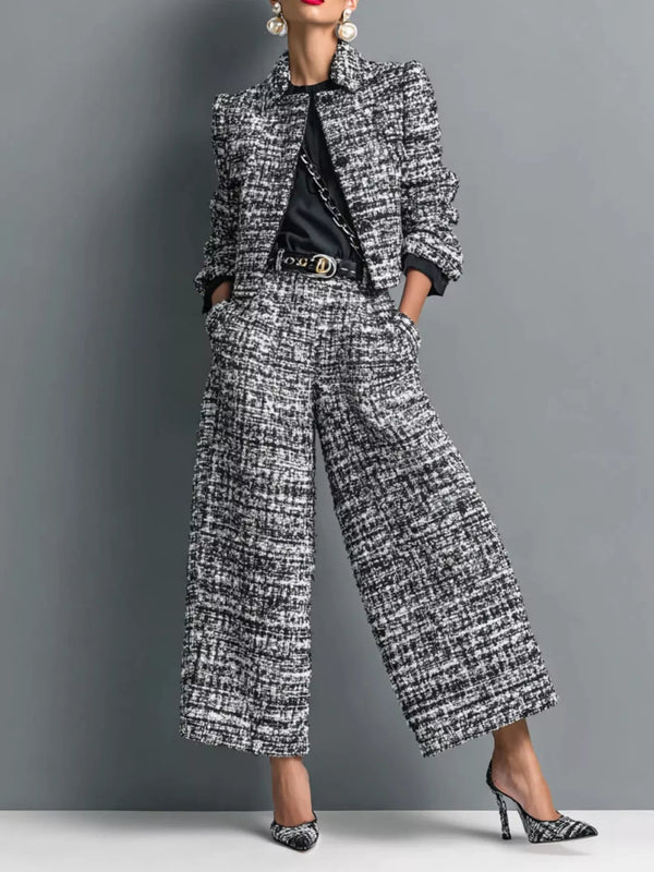 Ensemble veste courte en tweed et pantalon large — grande taille