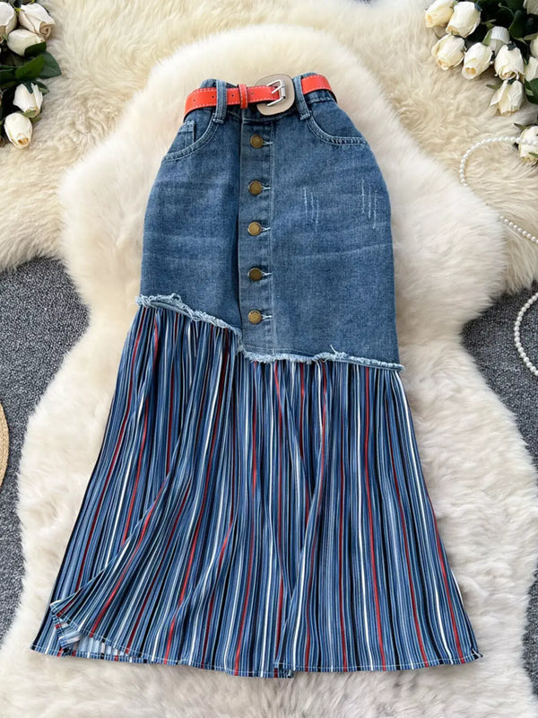 Jupe en denim patchwork rayé grande taille