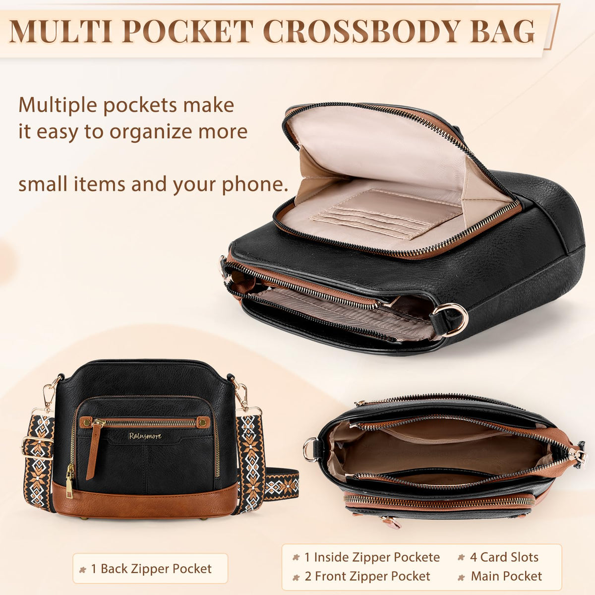 Sac bandoulière cuir PU tressé vintage Rainsmore — 21 poches, 3 ports, 4 coloris