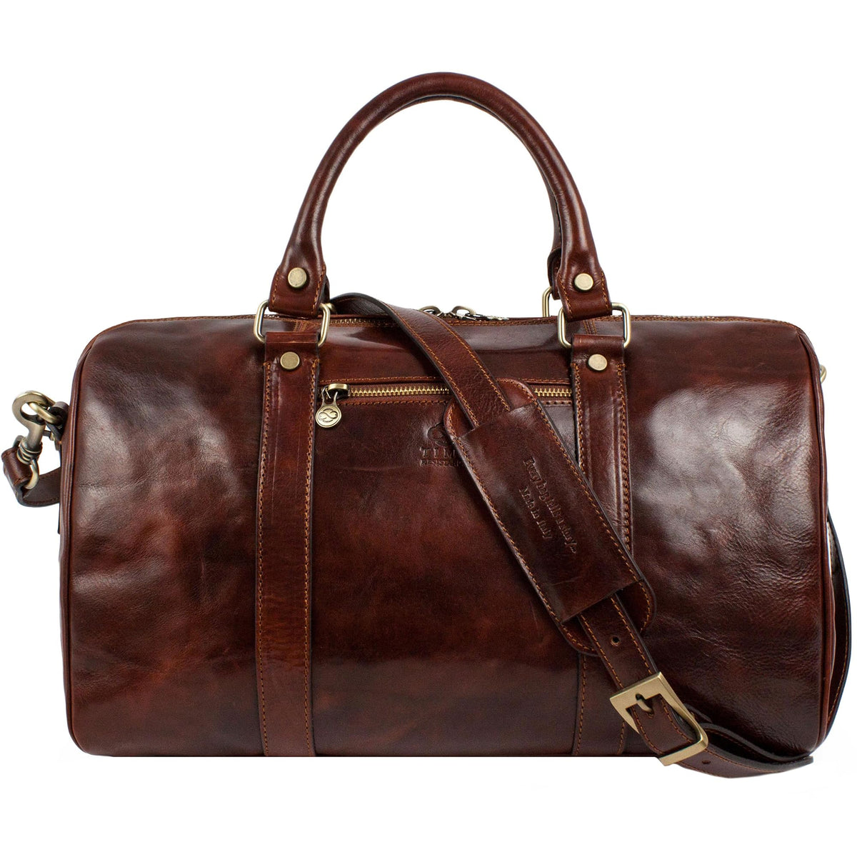 Sac de voyage en cuir pleine fleur Time Resistance, fait main en Italie — cognac, noir, marron