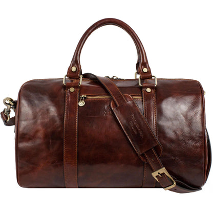 Sac de voyage en cuir pleine fleur Time Resistance, fait main en Italie — cognac, noir, marron