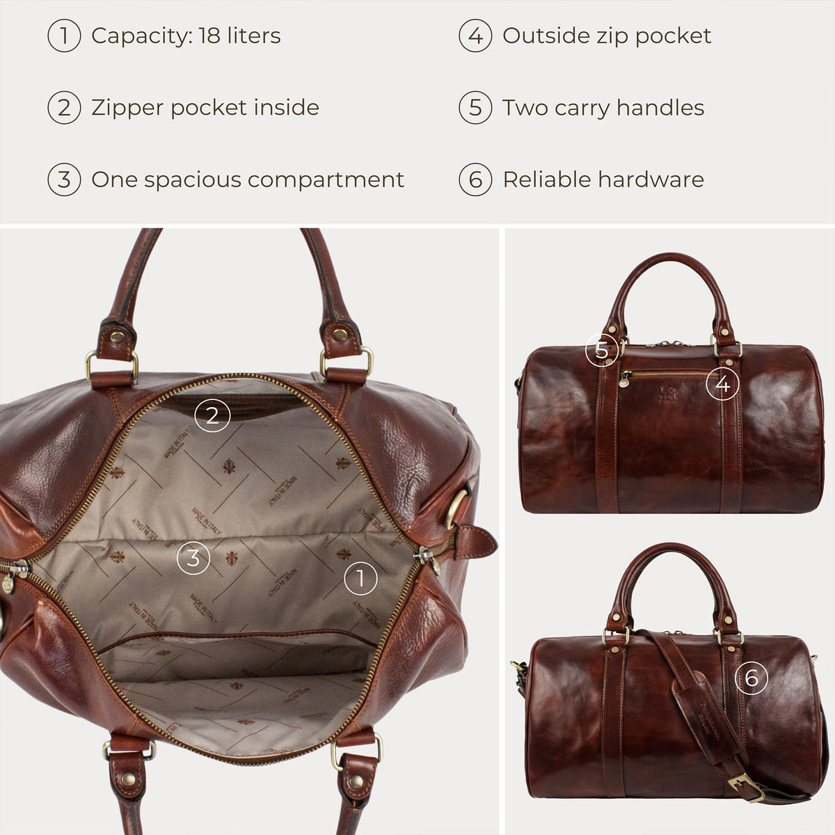 Sac de voyage en cuir pleine fleur Time Resistance, fait main en Italie — cognac, noir, marron