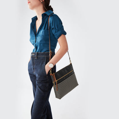 Sac bandoulière Fossil Fiona EW Crossbody — cuir, noir et rayures noires