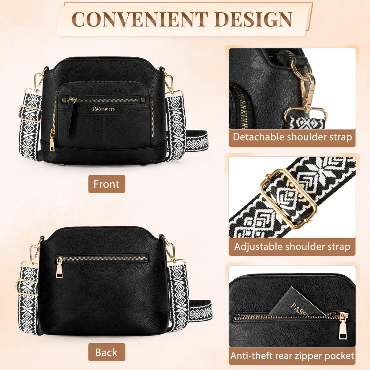 Sac bandoulière cuir PU tressé vintage Rainsmore — 21 poches, 3 ports, 4 coloris