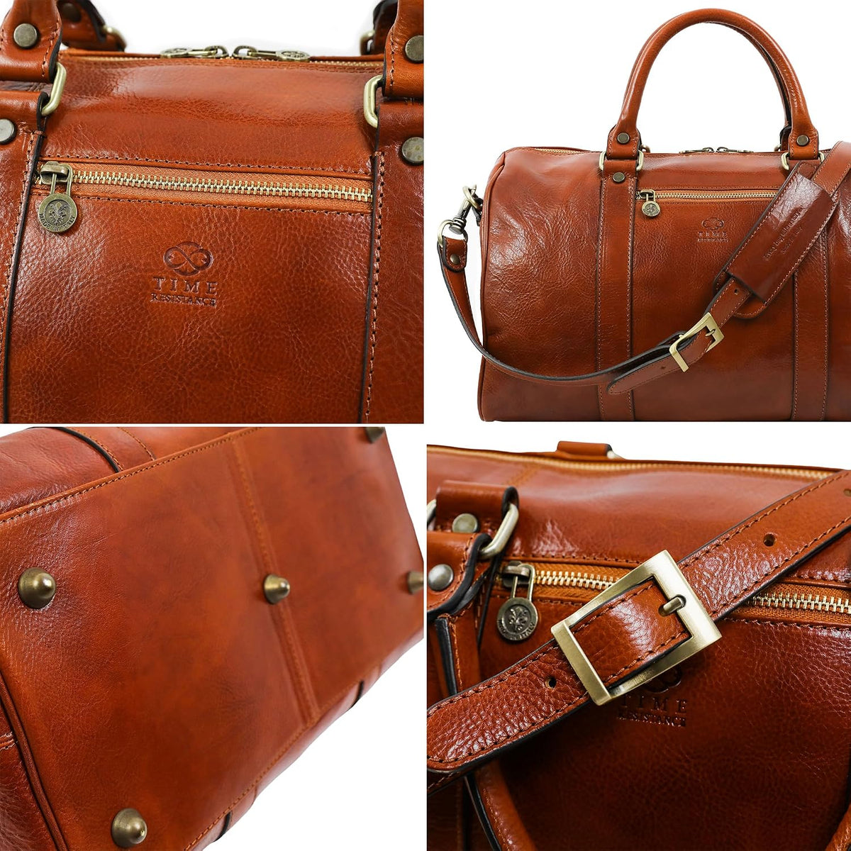 Sac de voyage en cuir pleine fleur Time Resistance, fait main en Italie — cognac, noir, marron