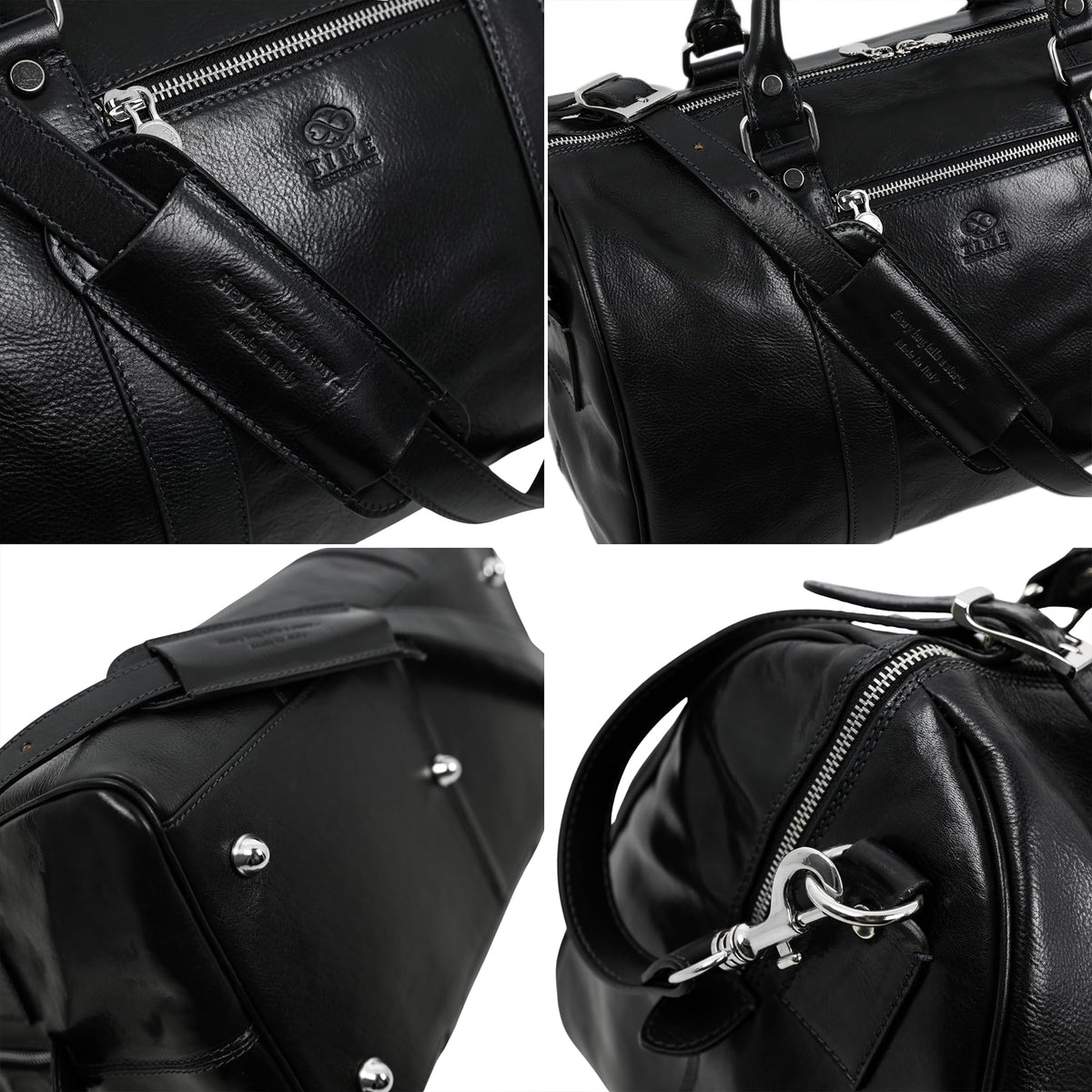 Sac de voyage en cuir pleine fleur Time Resistance, fait main en Italie — cognac, noir, marron