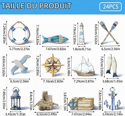 Ornements nautiques à suspendre en bois — set de 24