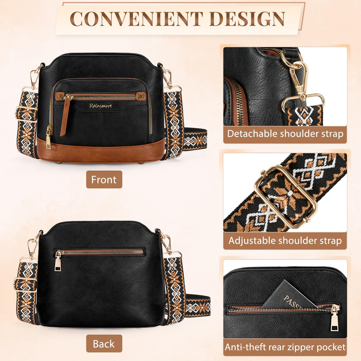 Sac bandoulière cuir PU tressé vintage Rainsmore — 21 poches, 3 ports, 4 coloris