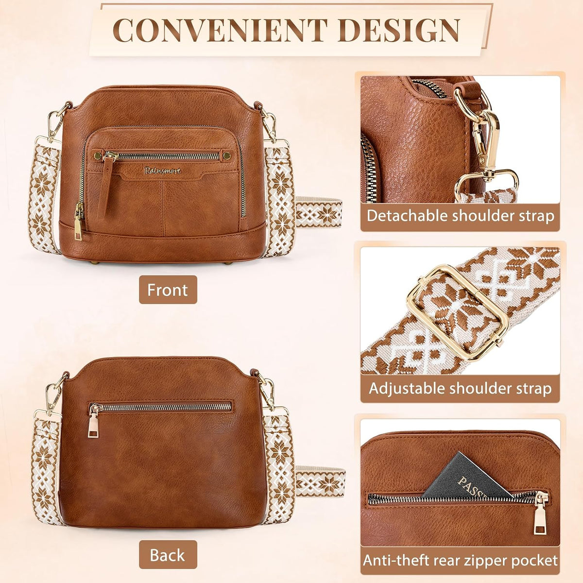 Sac bandoulière cuir PU tressé vintage Rainsmore — 21 poches, 3 ports, 4 coloris