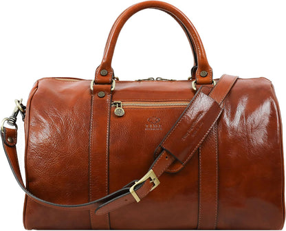 Sac de voyage en cuir pleine fleur Time Resistance, fait main en Italie — cognac, noir, marron