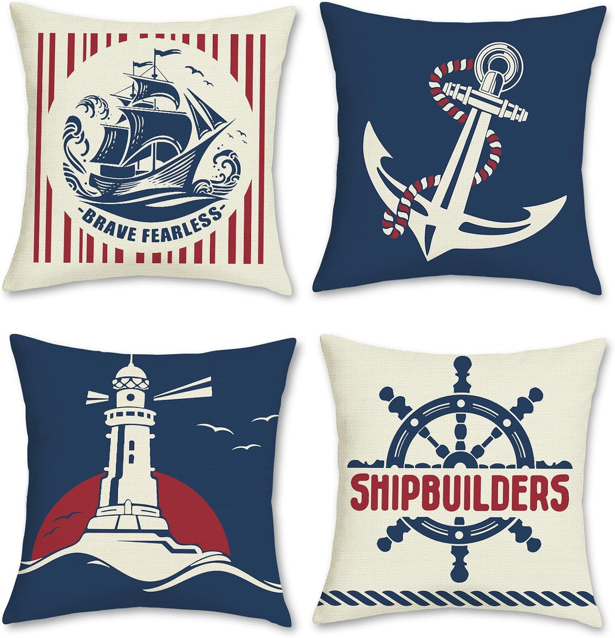 Lot de quatre housses de coussin bateau, ancre, barre et phare