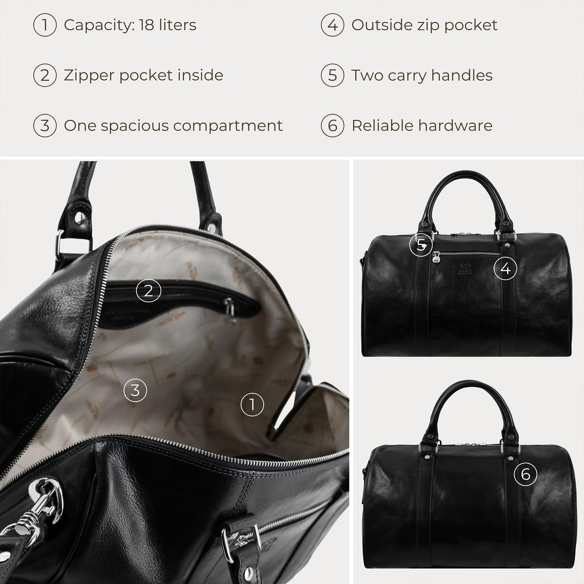 Sac de voyage en cuir pleine fleur Time Resistance, fait main en Italie — cognac, noir, marron