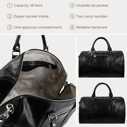 Sac de voyage en cuir pleine fleur Time Resistance, fait main en Italie — cognac, noir, marron