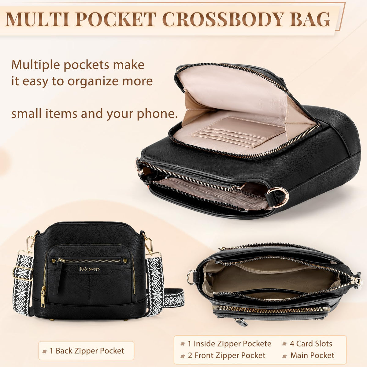 Sac bandoulière cuir PU tressé vintage Rainsmore — 21 poches, 3 ports, 4 coloris