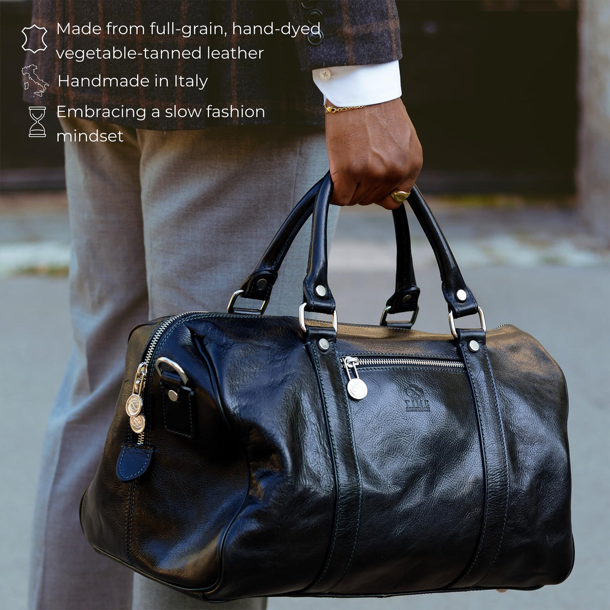 Sac de voyage en cuir pleine fleur Time Resistance, fait main en Italie — cognac, noir, marron