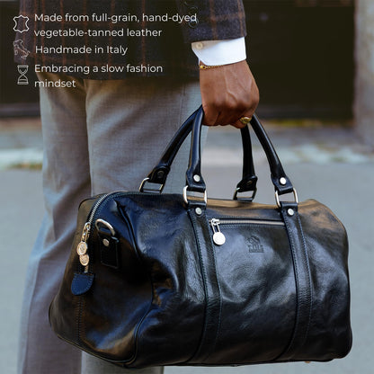 Sac de voyage en cuir pleine fleur Time Resistance, fait main en Italie — cognac, noir, marron