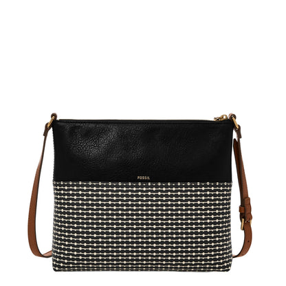 Sac bandoulière Fossil Fiona EW Crossbody — cuir, noir et rayures noires