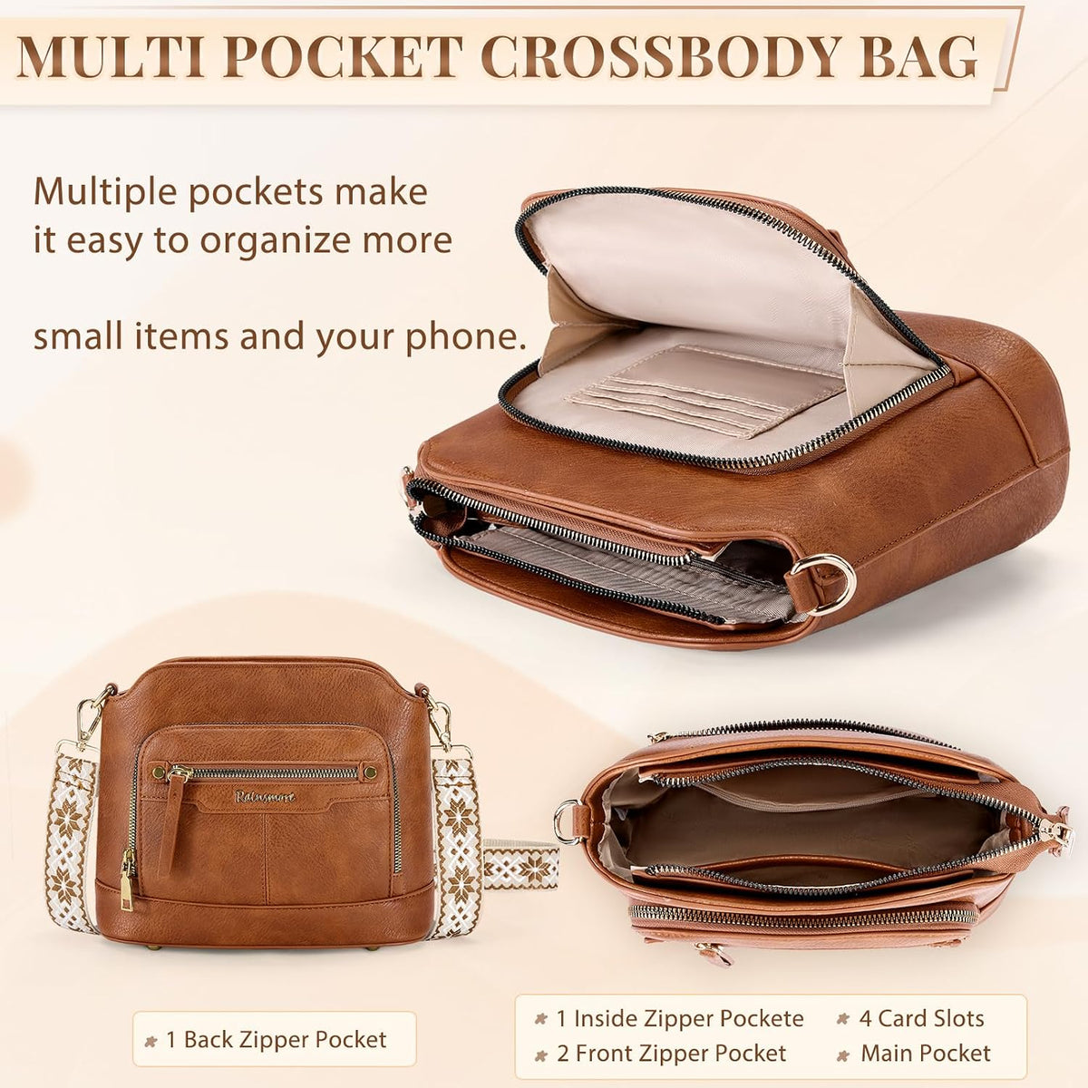 Sac bandoulière cuir PU tressé vintage Rainsmore — 21 poches, 3 ports, 4 coloris