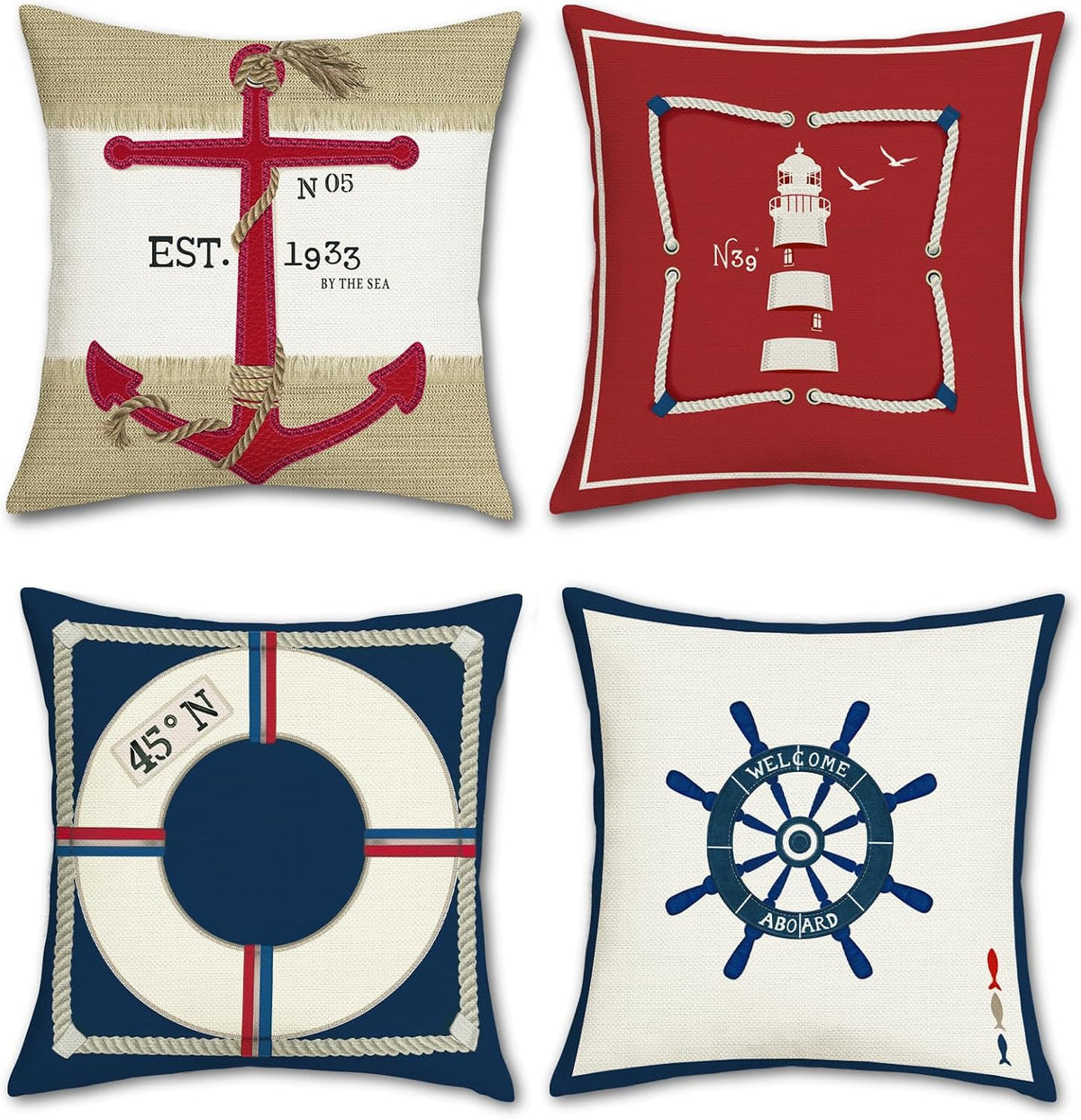 Lot de quatre housses de coussin nautiques rouges et bleues