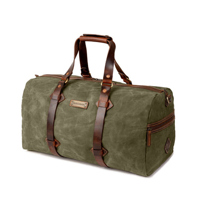 Sac de voyage Drakensberg modèle Cody, toile cirée et cuir de buffle tanndé végétal 50 L — bleu océan, kaki sable, vert forêt