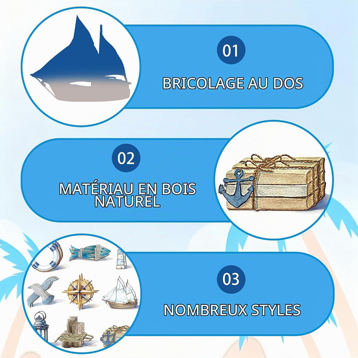 Ornements nautiques à suspendre en bois — set de 24