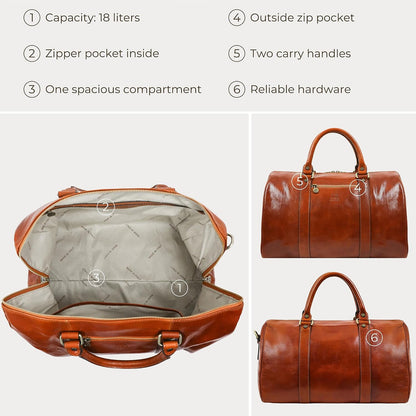 Sac de voyage en cuir pleine fleur Time Resistance, fait main en Italie — cognac, noir, marron