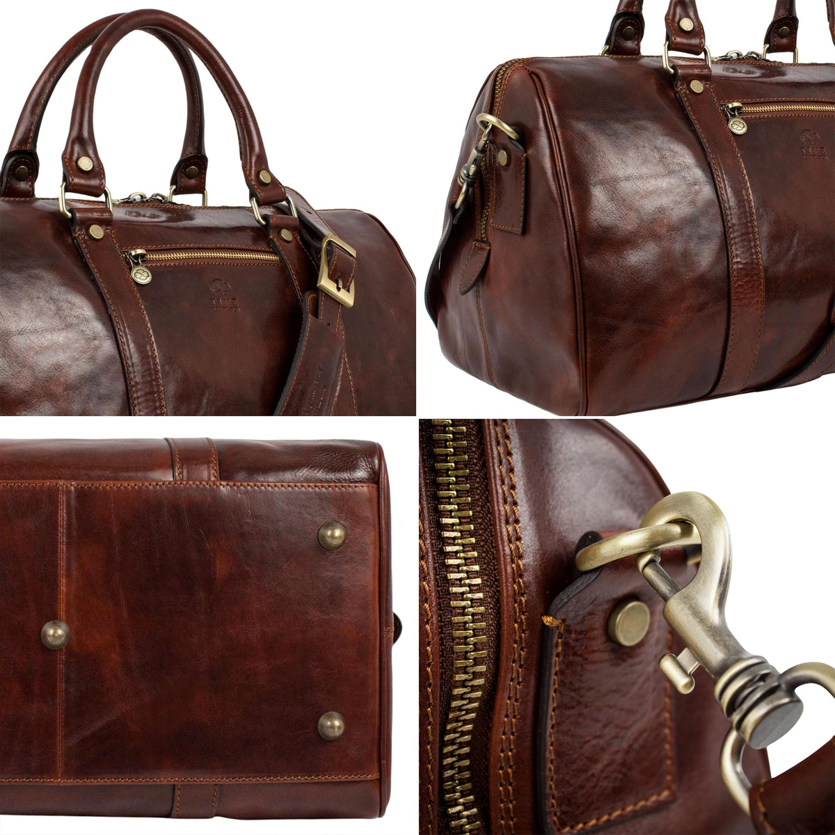 Sac de voyage en cuir pleine fleur Time Resistance, fait main en Italie — cognac, noir, marron