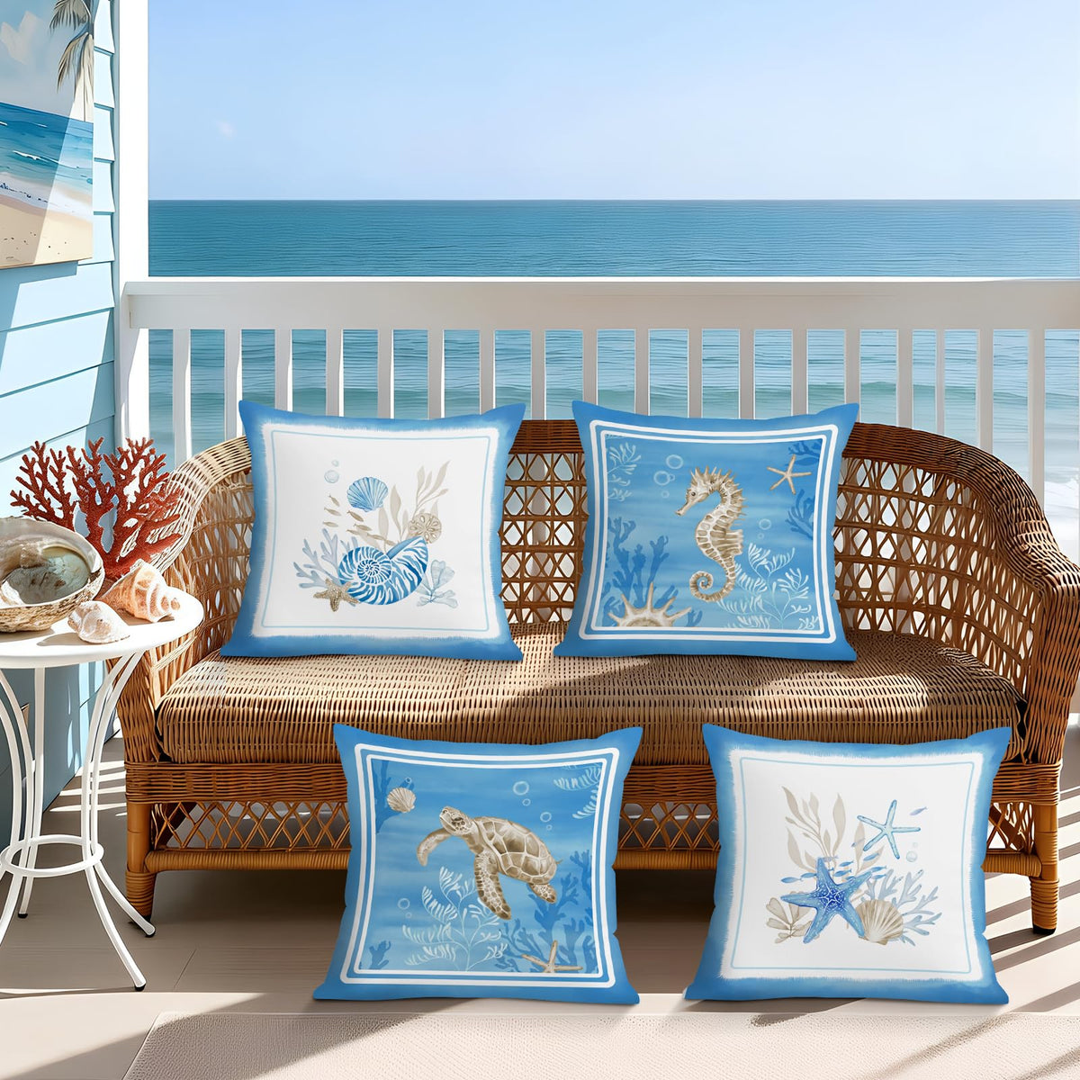 Lot de quatre housses de coussin en velours à motifs marins