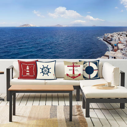Lot de quatre housses de coussin nautiques rouges et bleues