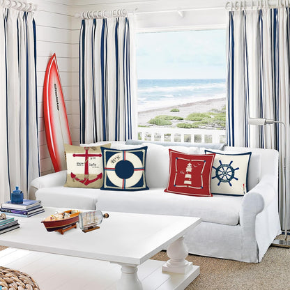 Lot de quatre housses de coussin nautiques rouges et bleues