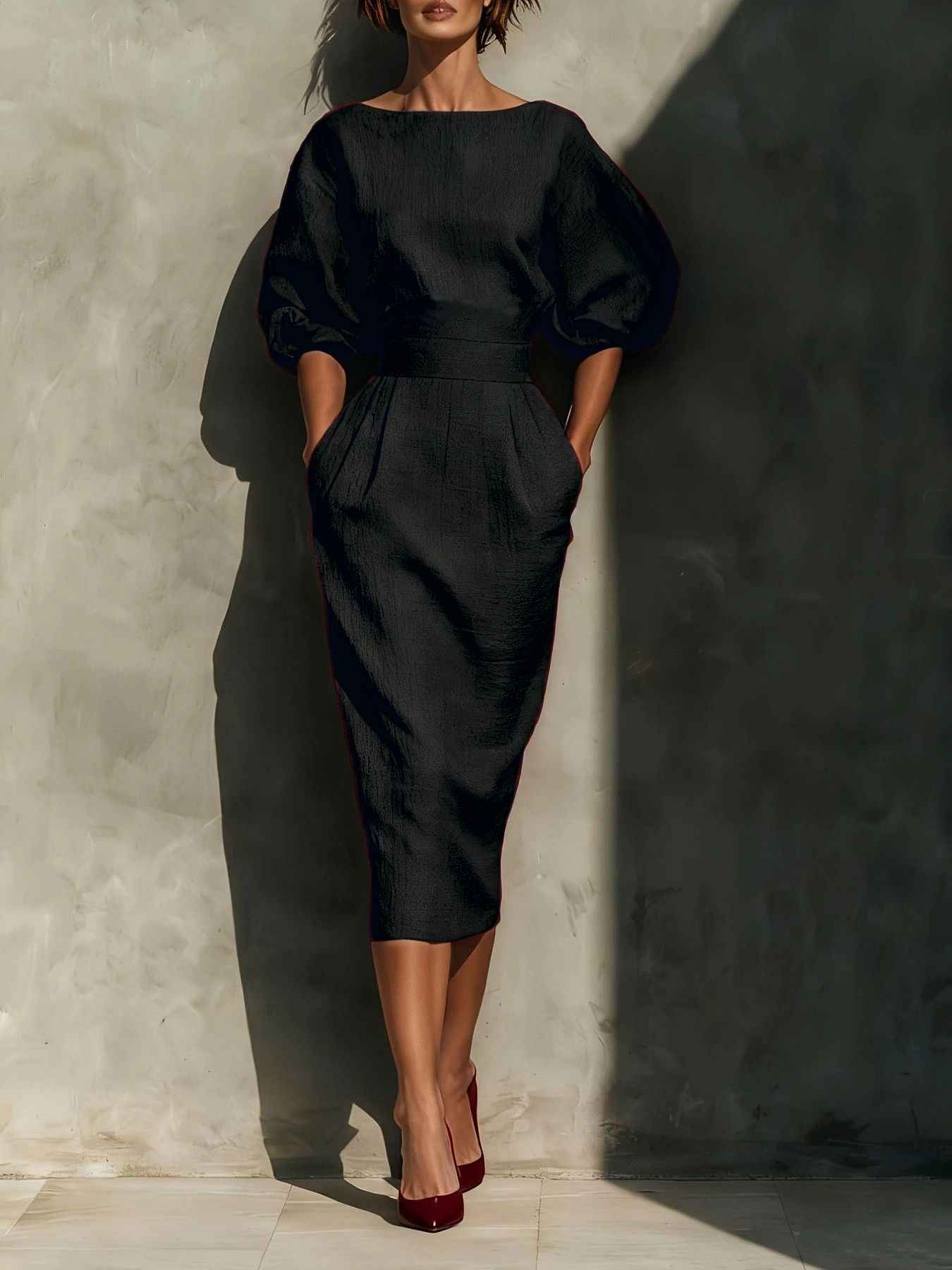 Robe midi col rond à manches bouffantes