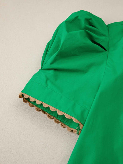 Blouse col chemise color block à passepoil et manches courtes