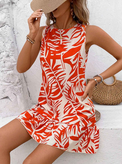 Robe courte sans manches à ourlet volanté et lien noué