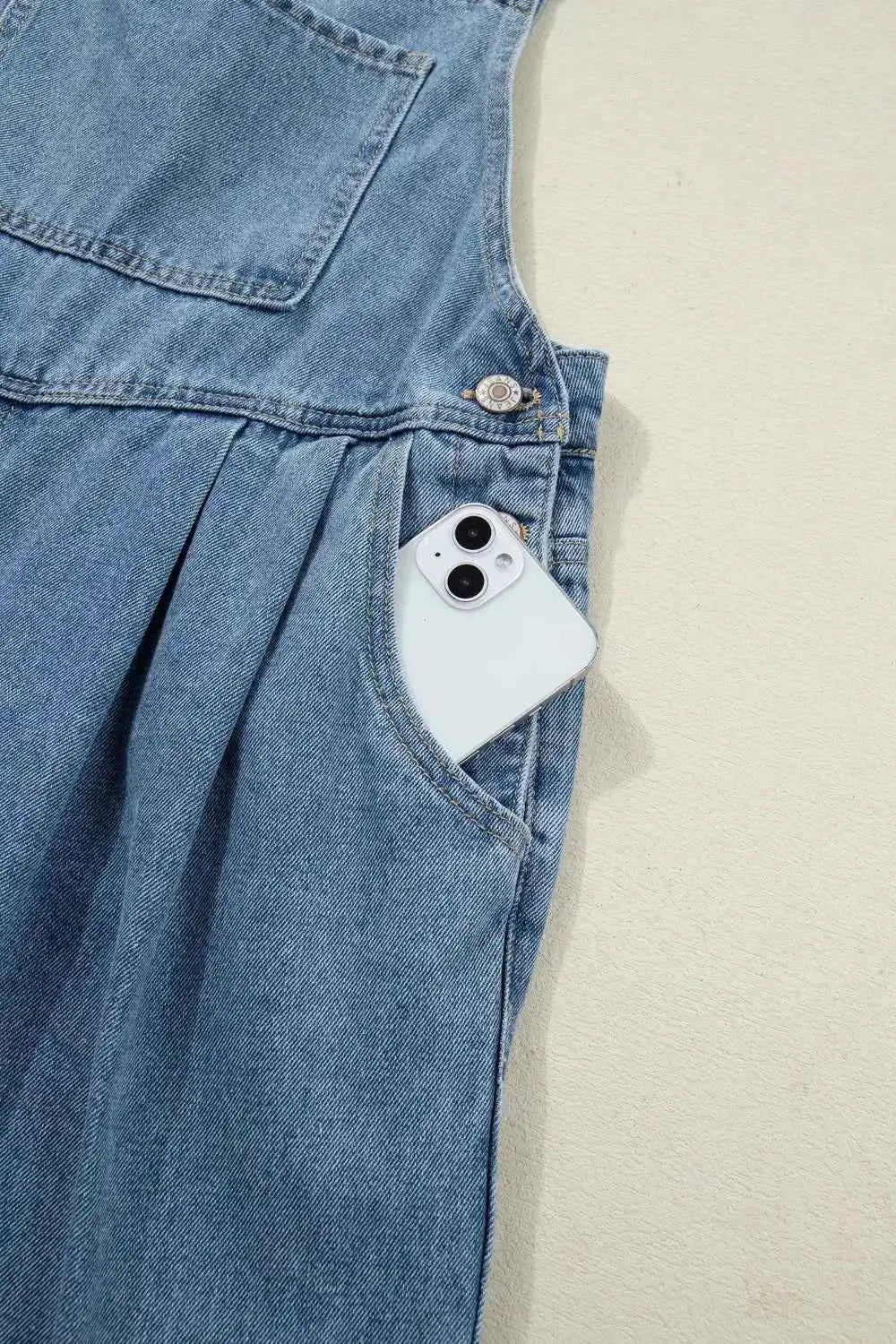 Combinaison en denim jambe large plissée style rétro avec poches