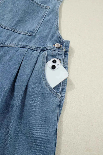 Combinaison en denim jambe large plissée style rétro avec poches