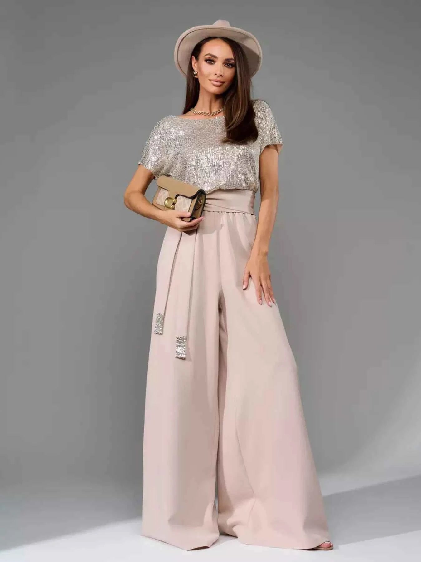 Full Size Sequin Short Sleeve Wide Leg Jumpsuit Plus Size