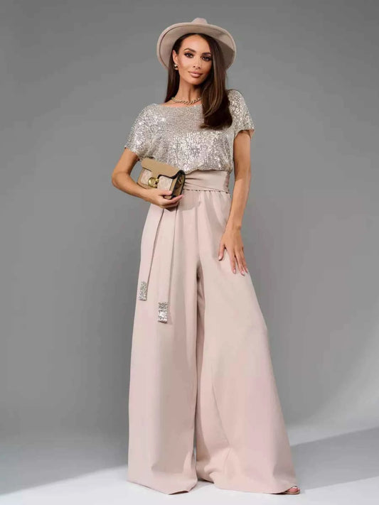 Full Size Sequin Short Sleeve Wide Leg Jumpsuit Plus Size