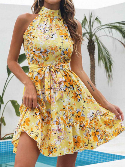Robe courte à imprimé floral col halter et volants