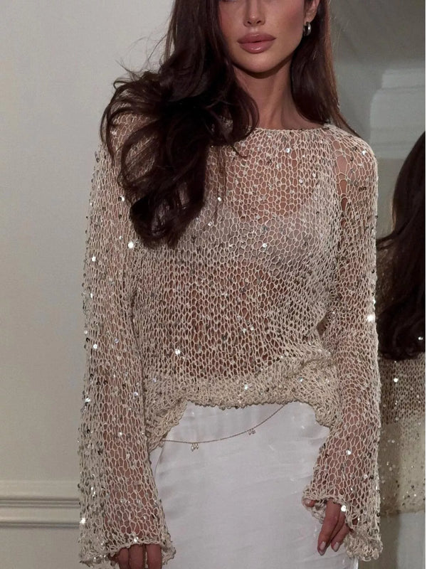 Haut cover-up en maille ajourée à sequins, manches longues