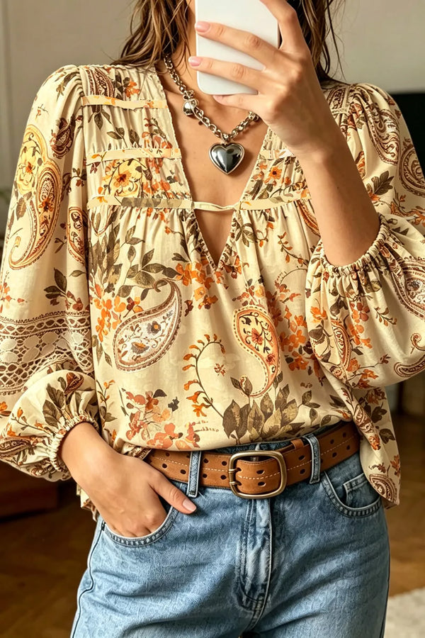 Chemisier col V imprimé paisley floral manches bouffantes passepoil jaune pâle