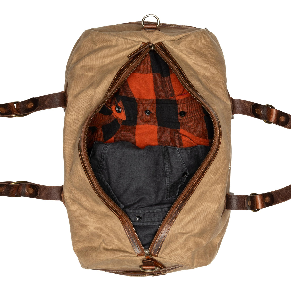 Sac de voyage Drakensberg modèle Cody, toile cirée et cuir de buffle tanndé végétal 50 L — bleu océan, kaki sable, vert forêt