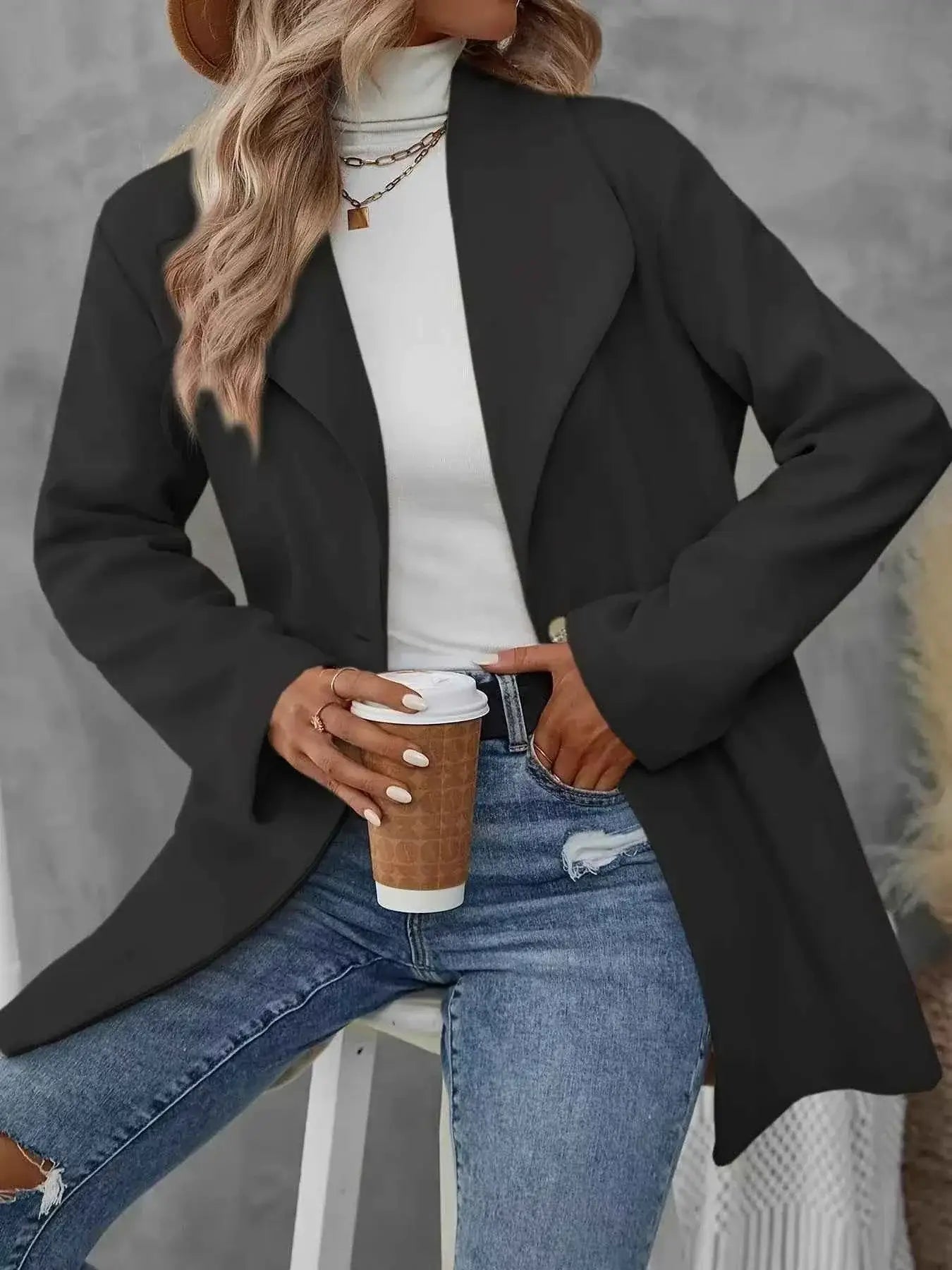 Manteau oversize col à revers bouton unique en mélange laine