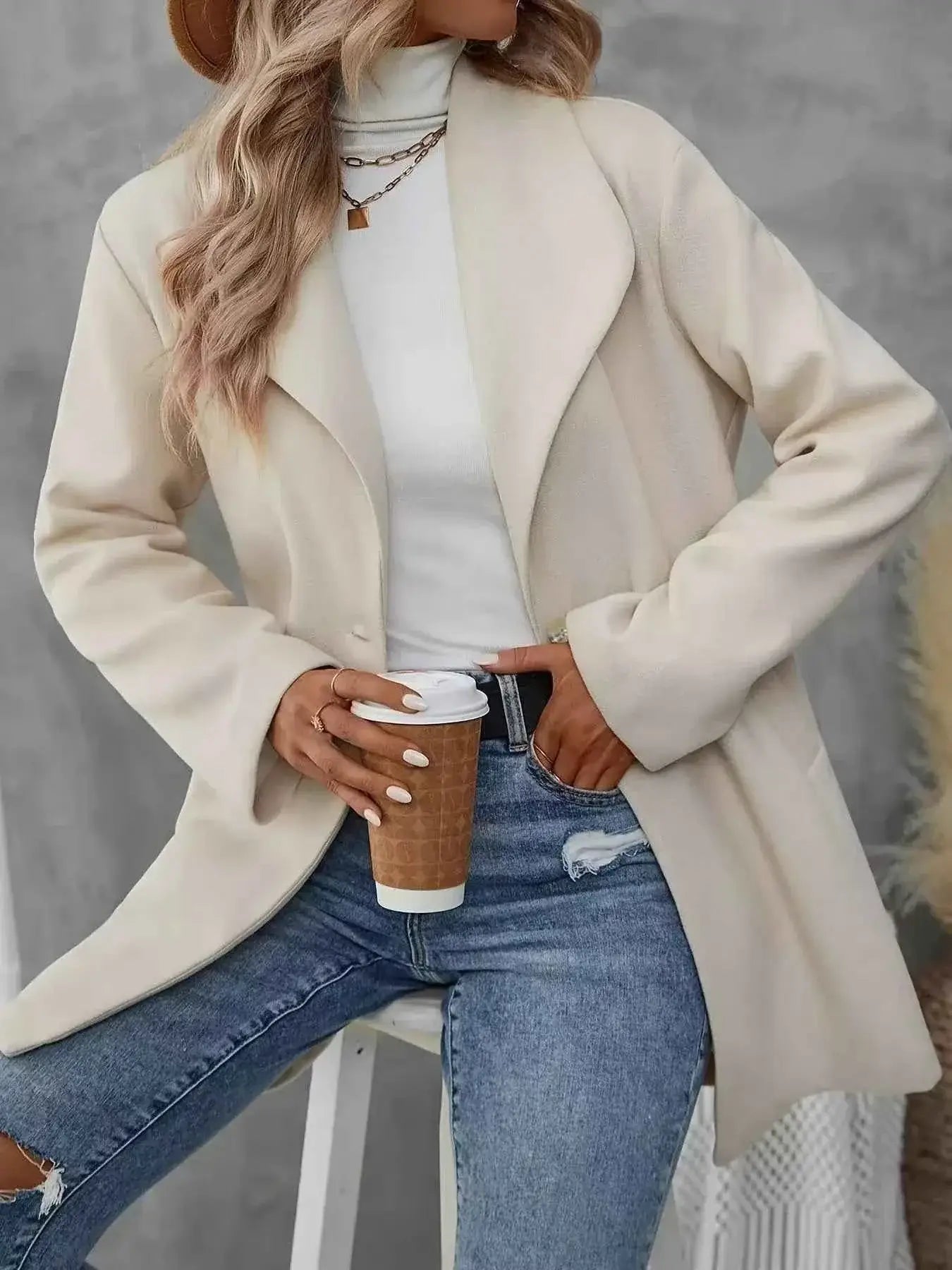 Manteau oversize col à revers bouton unique en mélange laine